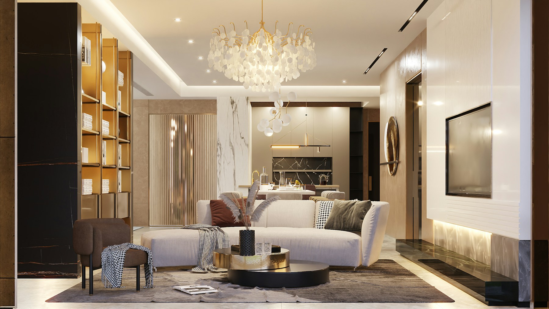 Elegant living and dining space with sculptural lighting and warm marble finishes